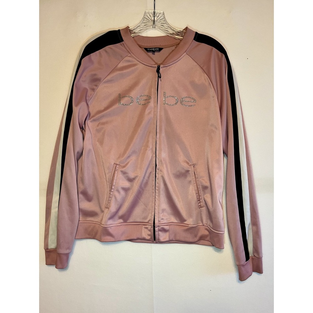 Bebe Sport Jacket Womens XL‎ Pink Full Zip Logo Track Rhinestone Y2k